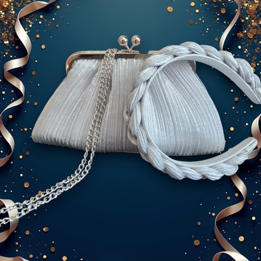 Alessia Silver Glitter Kisslock Clutch Crossbody and Headband NWT